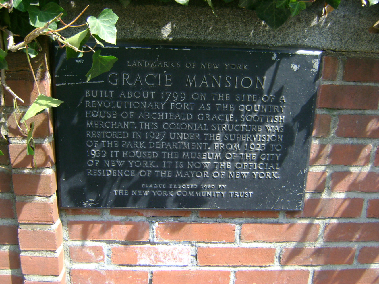 Gracie Mansion Landmark Tablet