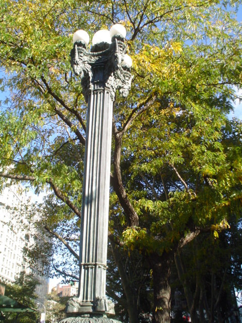 Decorative lamppost, with some original parts taken from a lamppost that was originally located at the Firemen's Memorial at Riverside Park