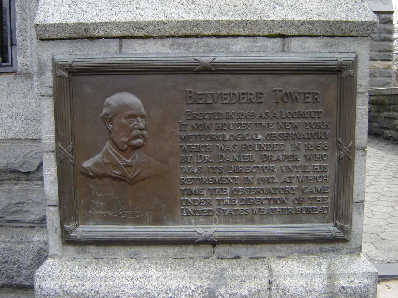 Tablet on front wall of tower