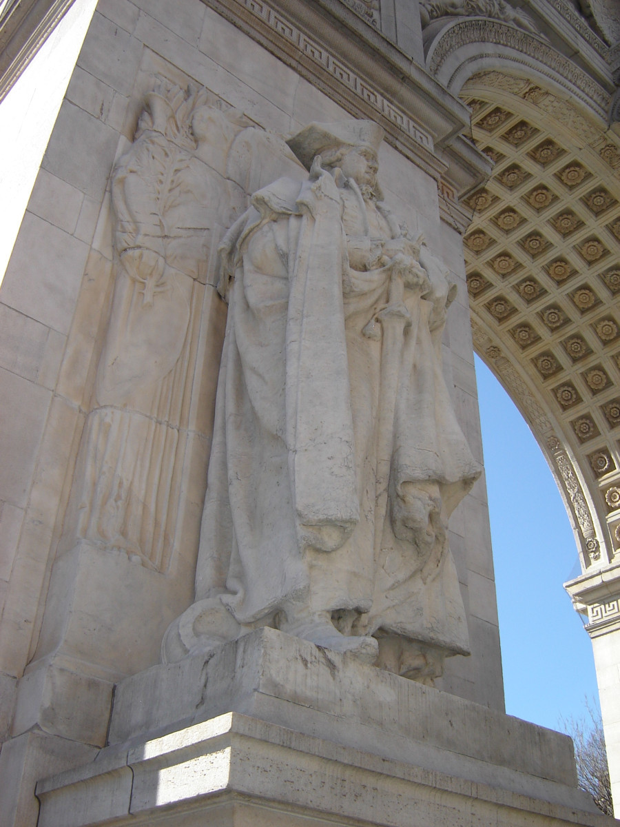 Standing figure (three/quarters round, over life-size) before two figures (over life-size) in high relief, on integral plinth, pedestal