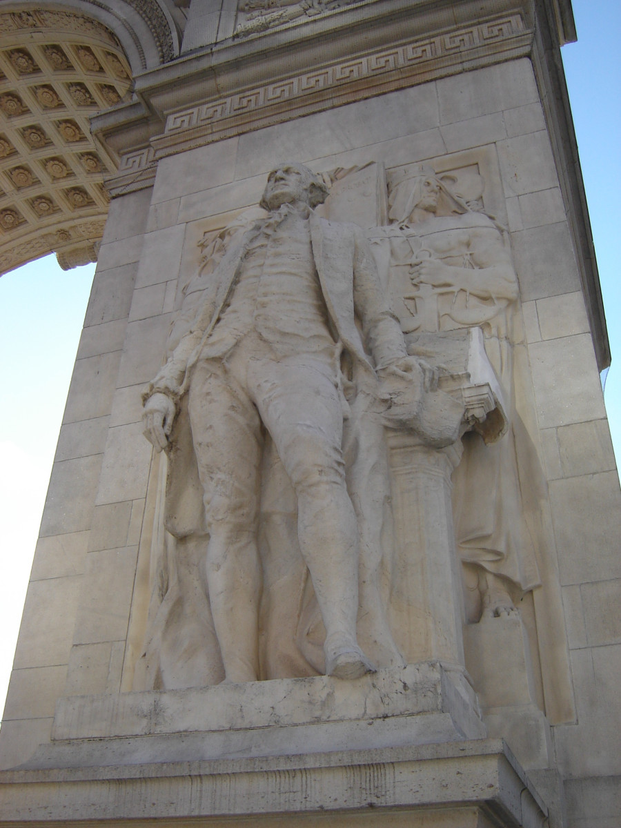 Standing figure (three/quarters round, over life-size) before two figures (over life-size) in high relief, on integral plinth, pedestal