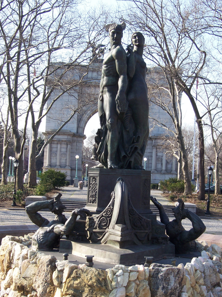 Group of three standing figures (heroic scale) on pedestal adorned with three reclining figures (heroic scale), in basin with rockwork coping