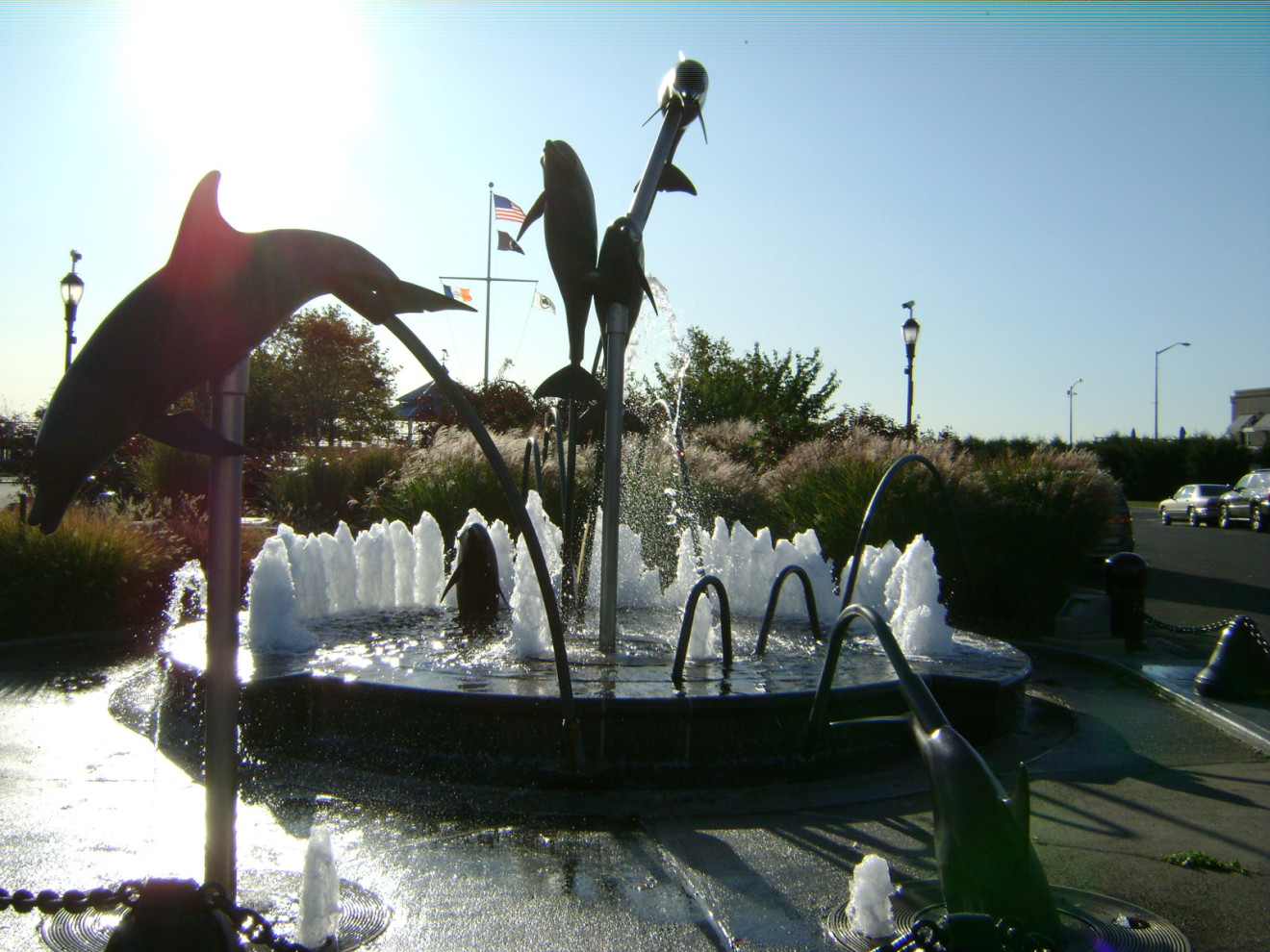 Fountain consisting of six dolphin figures (life size) fastened to footings by posts and wave-shaped rails containing illuminable fiber-optic cables, water jets