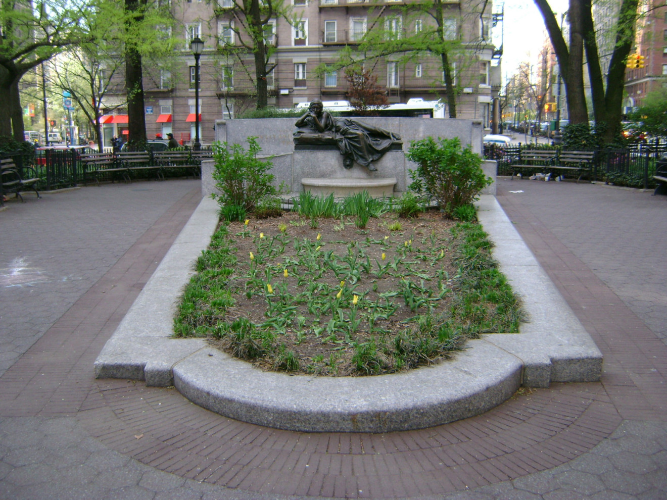 Exedra and fountain pool with figure