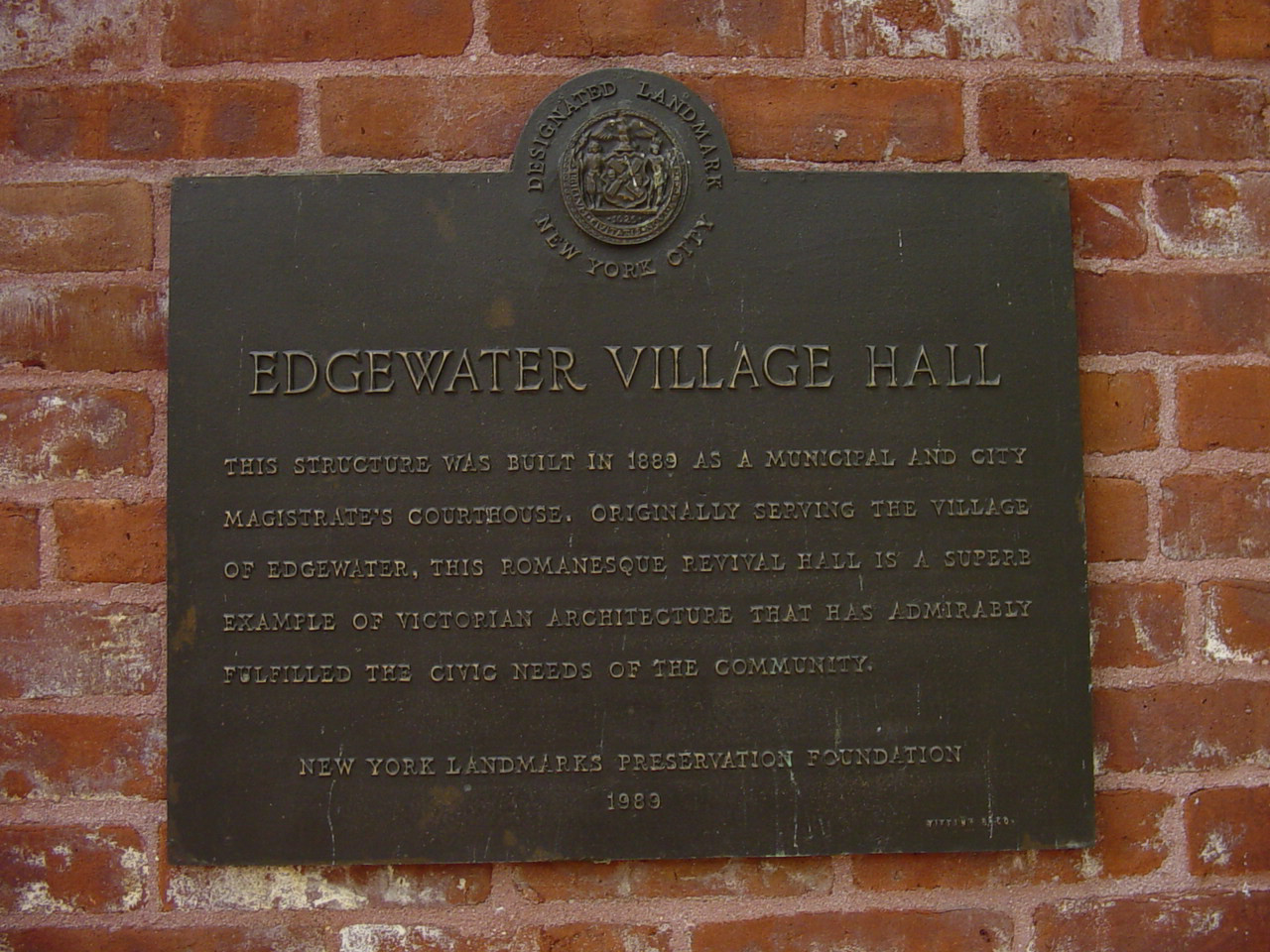 Bronze plaque on Edgewater Village Hall building