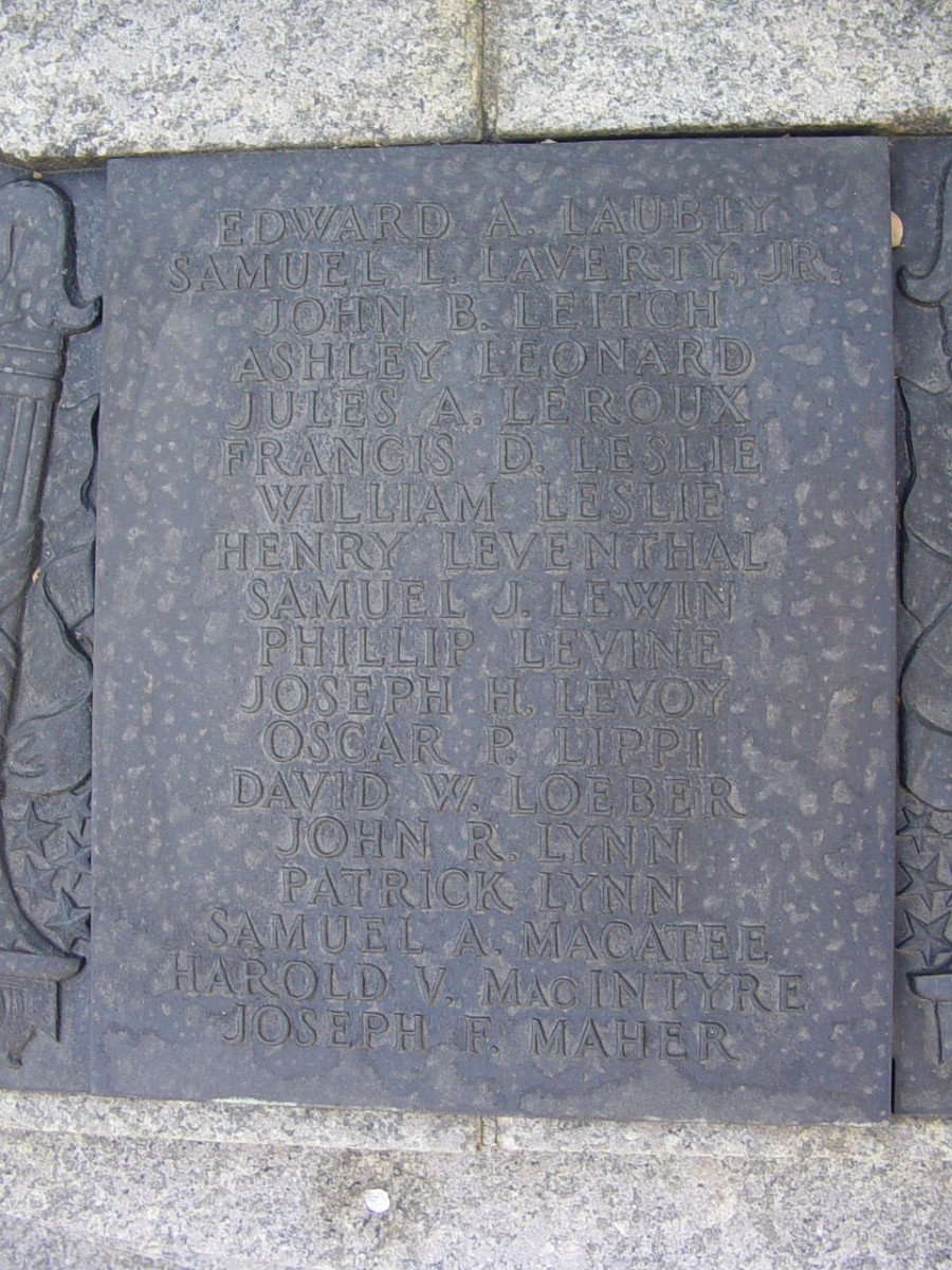 Group of three doughboy figures (over life-size) with integral plinth on a low base that rests on a circular pedestal; twenty plaques facing upward and carrying the names of the dead surround  the group