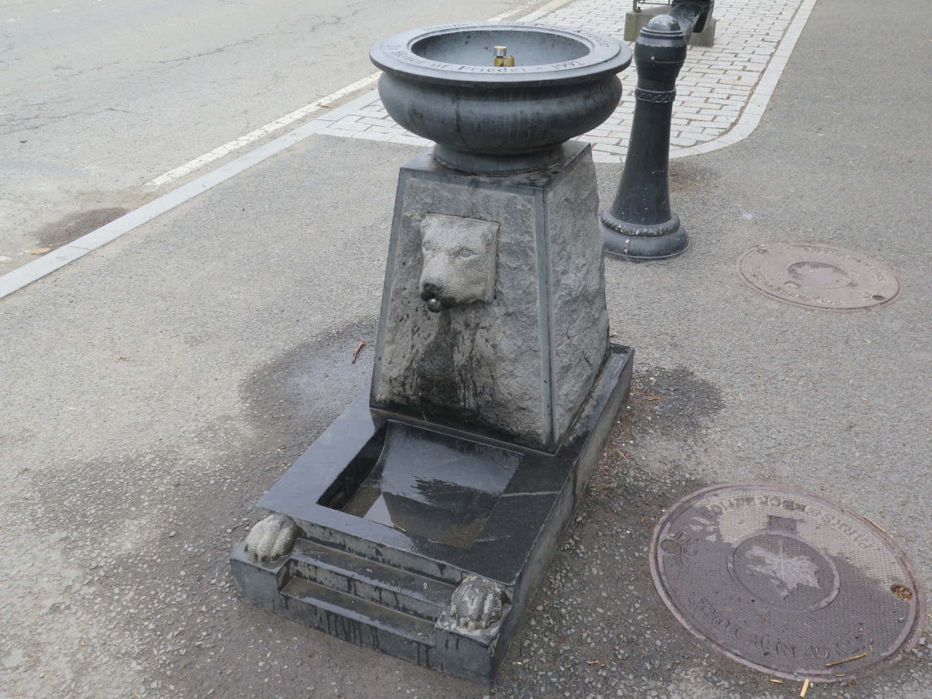 Drinking fountain with basin in form of dog