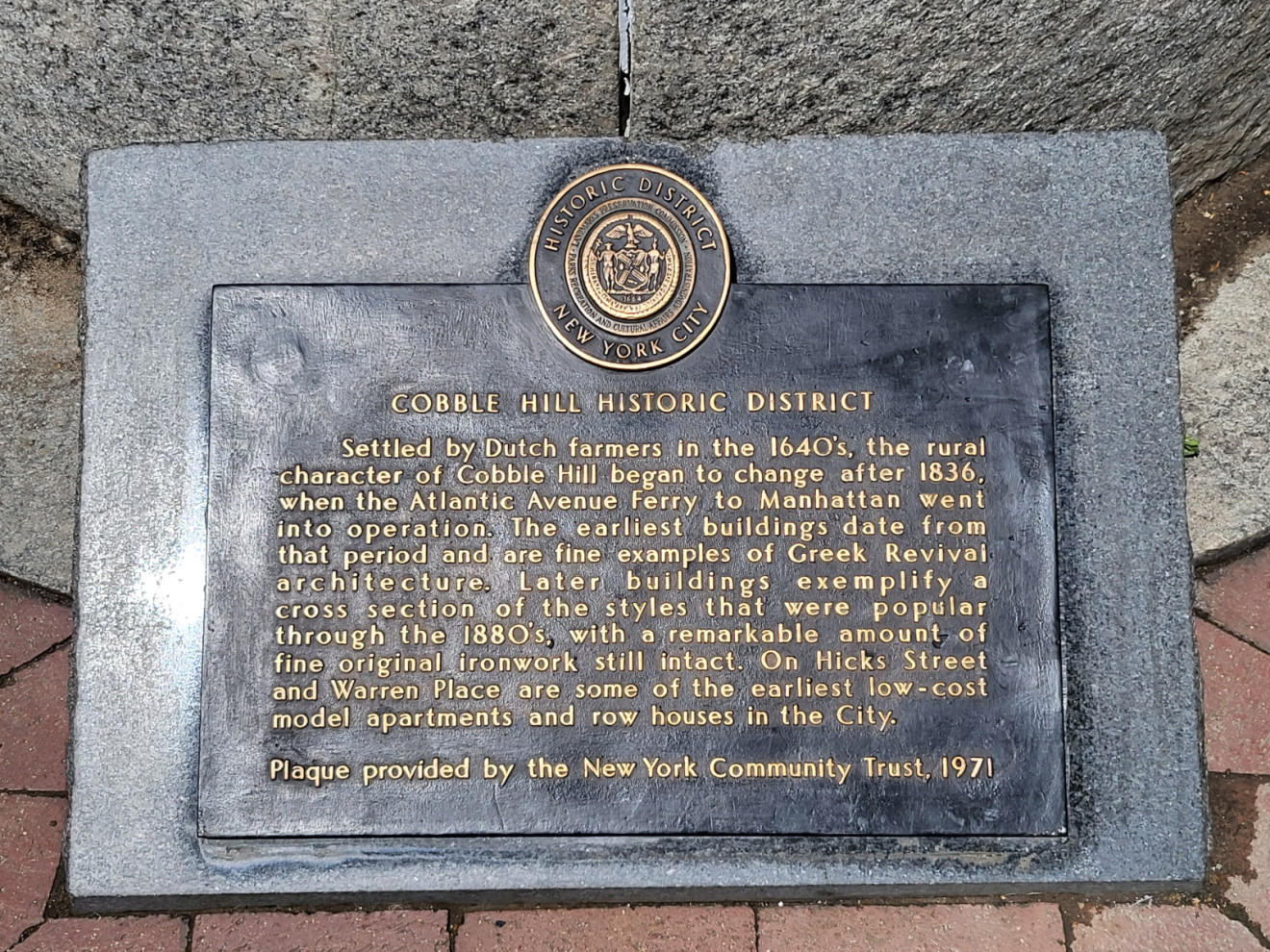 Cobble Hill District Plaque, 2017, NYC Parks