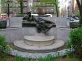 Exedra and fountain pool with figure