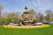 Three-tiered, octagonal fountain with extensive sculptural program of sea creatures, etc.