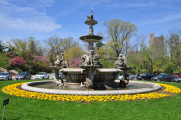 Three-tiered, octagonal fountain with extensive sculptural program of sea creatures, etc.