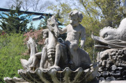 Three-tiered, octagonal fountain with extensive sculptural program of sea creatures, etc.