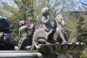 Three-tiered, octagonal fountain with extensive sculptural program of sea creatures, etc.