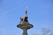 Three-tiered, octagonal fountain with extensive sculptural program of sea creatures, etc.