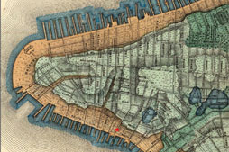 Egbert Viele’s Sanitary and Topological Map of the City and Island of New York (1865) with the location of Burling Slip indicated with a star. The Viele map indicates artificially made land in orange.