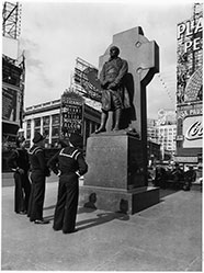 Three Sailors at Father Duffy Monument, Duffy Square, Manhattan, October 12, 1941, Rodney McCay Morgan/NYC Parks Photo Archive 