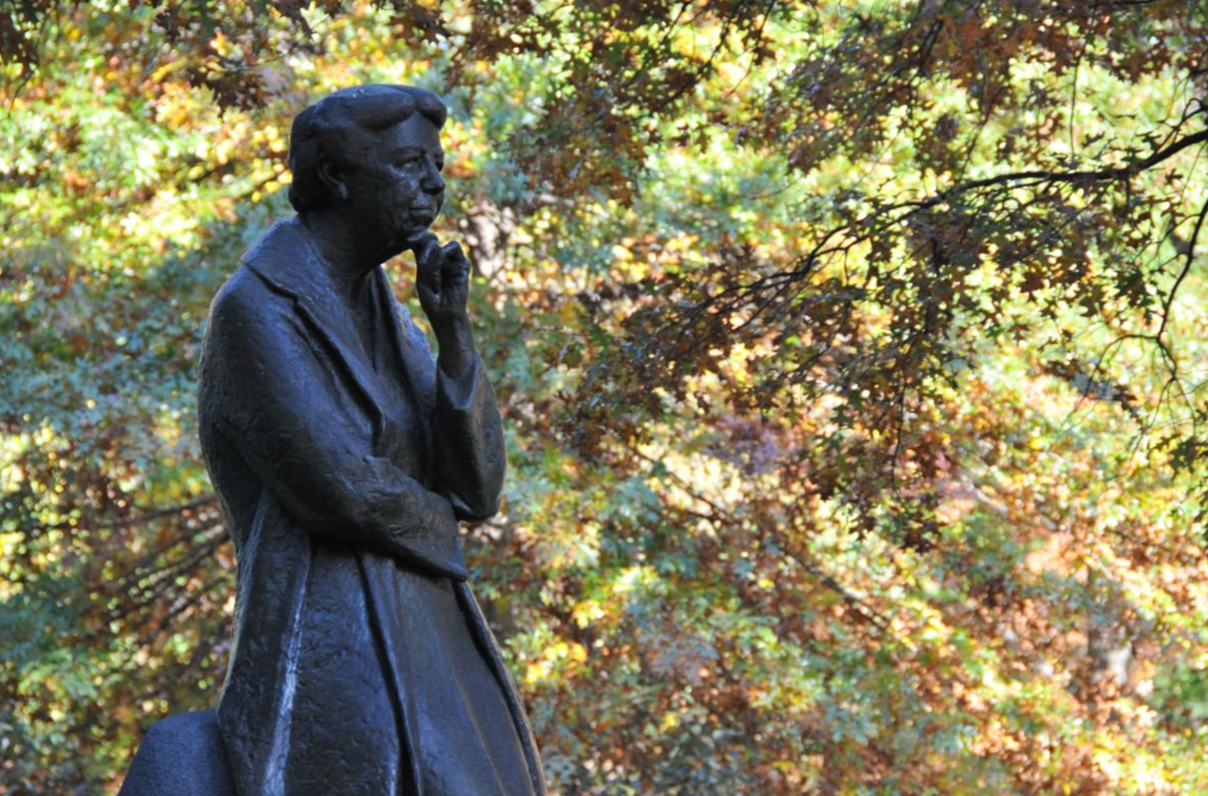 A bronze statue depicts Eleanor Roosevelt leaning on a boulder among the park's natural trees.