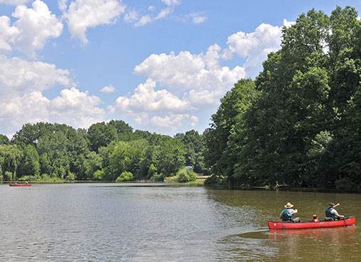 Park rangers lead canoeing adventures around a pond in a park