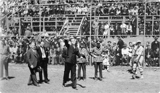 Image of The first pitch is thrown at the May 26, 1935 opening of Mosholu Ballfield.