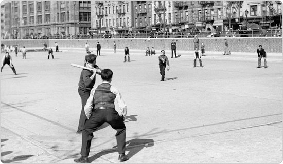 Image of A boys´ team plays softball in Sara D. Roosevelt Park, May 1, 1936. Neg. 1389.1