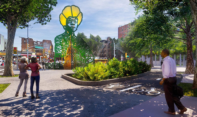 Rendering of a green and yellow monument of Shirley Chisholm at an entrance to Prospect Park. Her body is green and her hair is yellow, like petals of a flower.