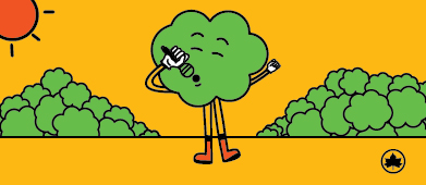 Cartoon graphic of a tree singing into a microphone on a sunny day in the park.