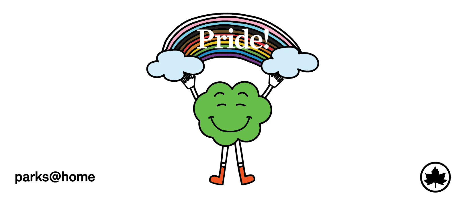 Image of a cartoon tree holding up a rainbow with the word Pride