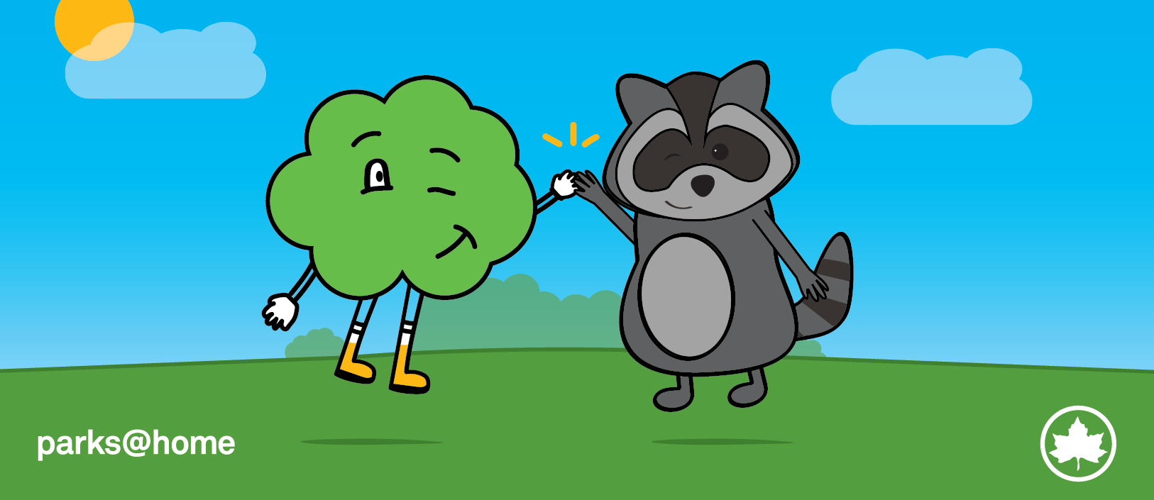 A graphic image of a winking tree dancing with a raccoon in a park. Text on the image reads "New Playlist" and Parks at Home with a white NYC Parks logo.