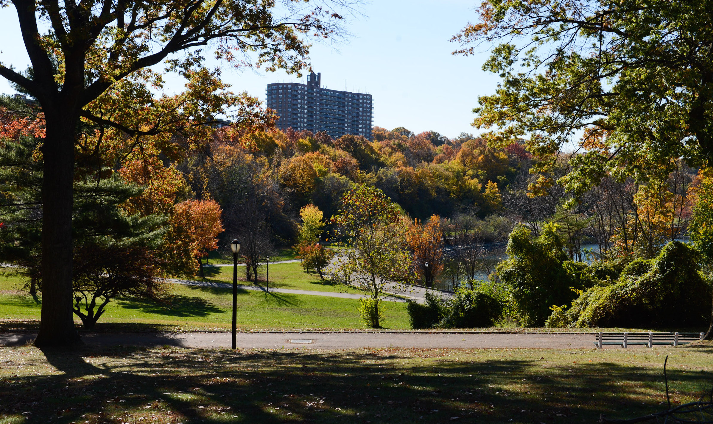 View from the hillside of trees in red and orang fall colors looking out to the lake.