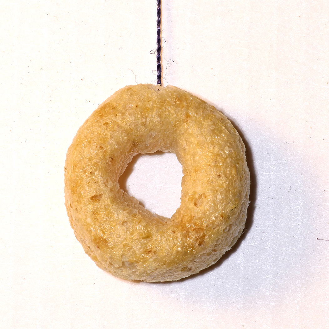 A single donut shaped cereal hangs from a black string