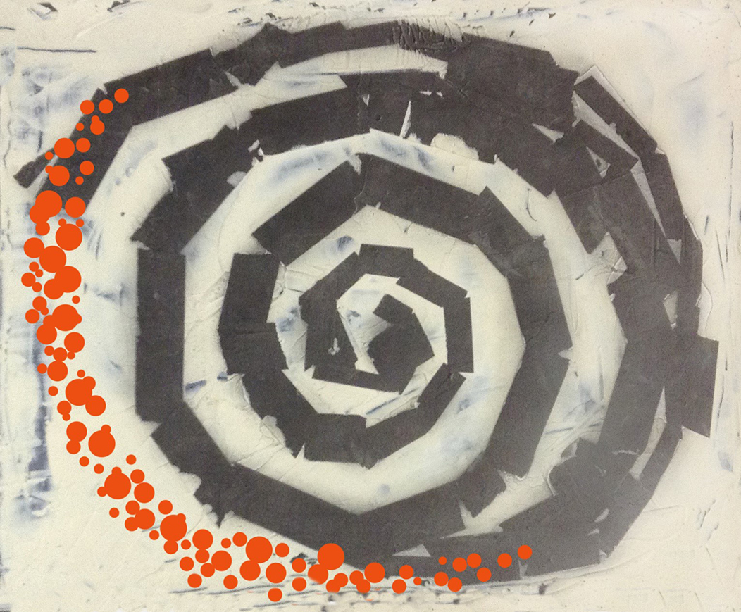 Pieces of gray paper form a spiral that winds into a trail of orange dots