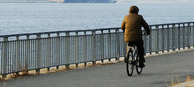 a cyclists rides by a waterfront