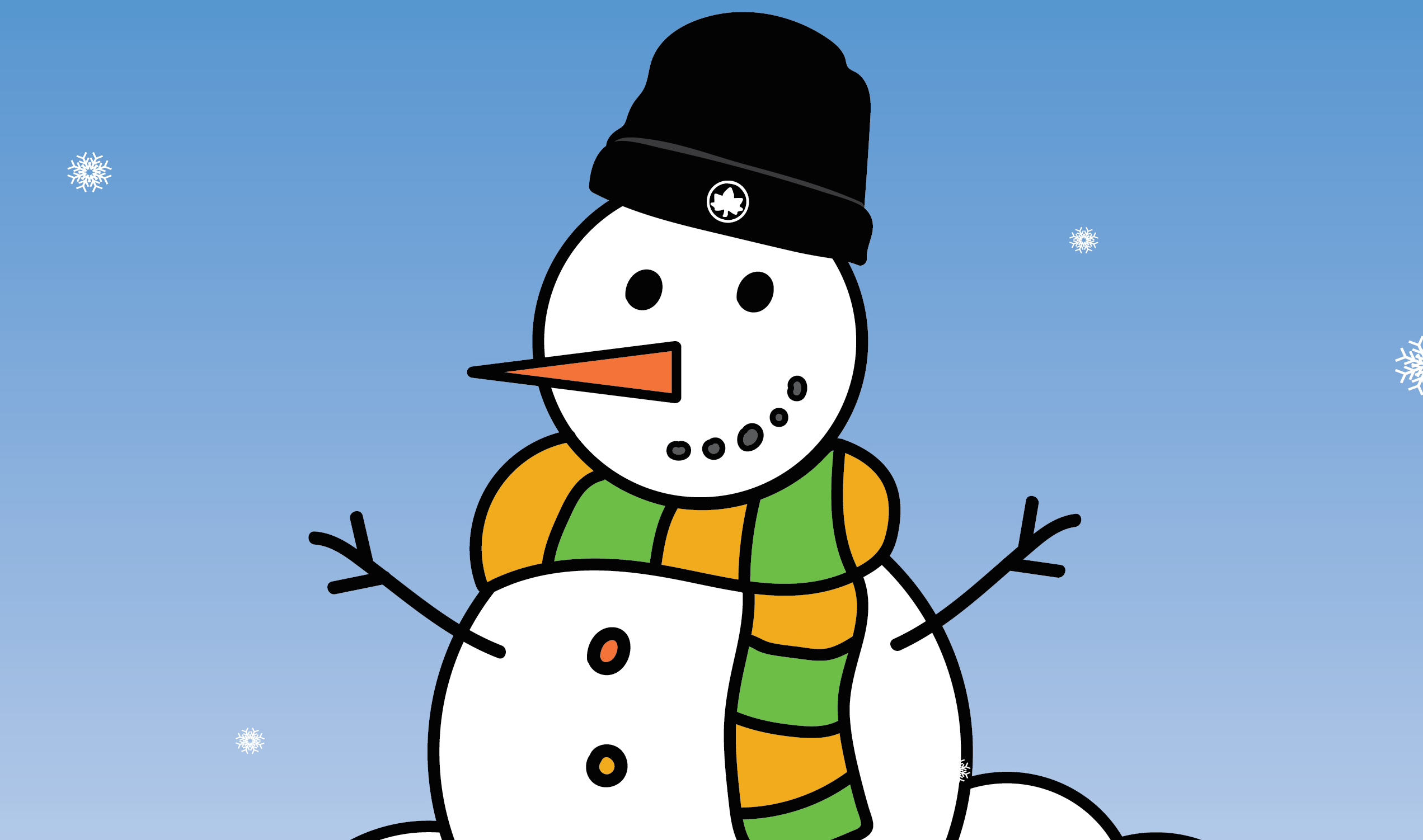 cartoon image of a snowman wearing an NYC parks beanie in the park