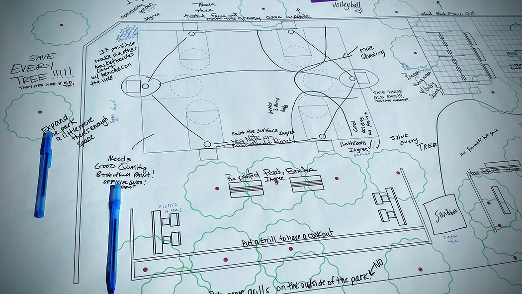 A sketch of park with writings of what amenities should go where