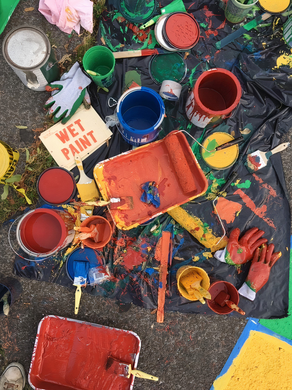 Paint supplies and a wet paint sign are scattered in a lawn area for use