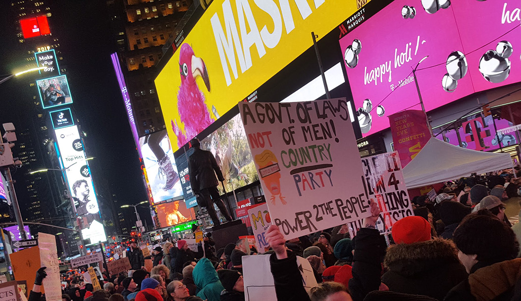 Father Duffy Square (Times Square), Protestors on the night before the Senate vote to impeach former President Donald J. Trump