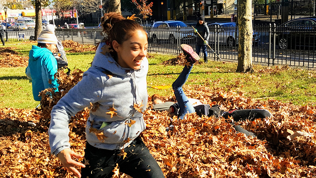 Kids play and laugh in a pile of leaves during the fall