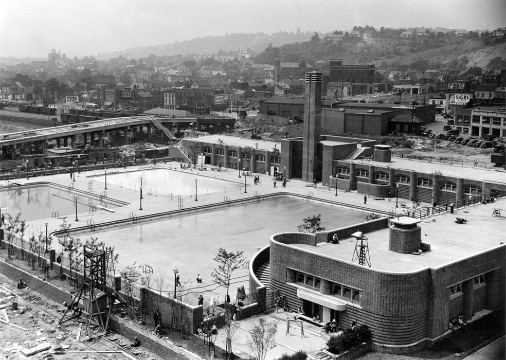 black and white archival image of a bird's eye view of the outdoor pool