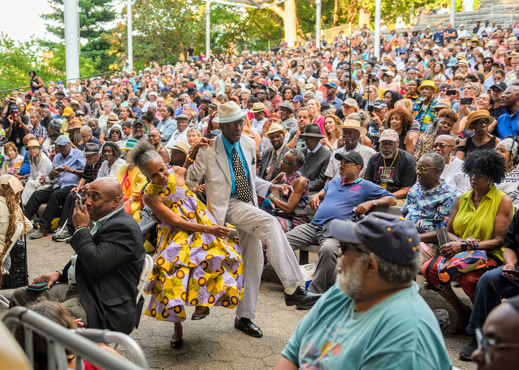 The audience enjoys a show of swing dancing outdoors in the park