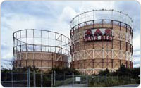 “Gas Heats Best”: Elmhurst Gas Tanks, circa 1980s, photograph courtesy of National Grid