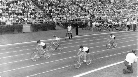 The bicycle racing portion of the Daily Mirror Sports Festival on Randall?s Island, September 9, 1950. Photo by Ben Cohen; courtesy of Parks Photo Archive, neg. 26778.