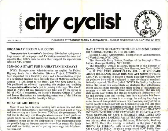 Volume 1, Number 2 of The New York City Cyclist, Transportation Alternatives? newsletter.