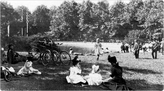 Parkgoers and their bicycles, circa 1897. Source: 36th Annual Report of the Department of Parks of the City of Brooklyn for the Year 1897.