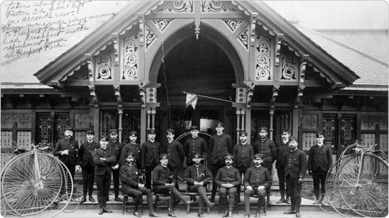 Prospect Park penny-farthings, circa 1883. Notes on the photo include “These men rode every morning to Prospect Park and had breakfast in the refreshment house in Prospect Park.“ Courtesy of Friends of Prospect Park.