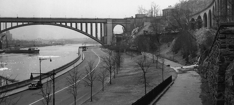 archival image of the high bridge spanning the river between parks