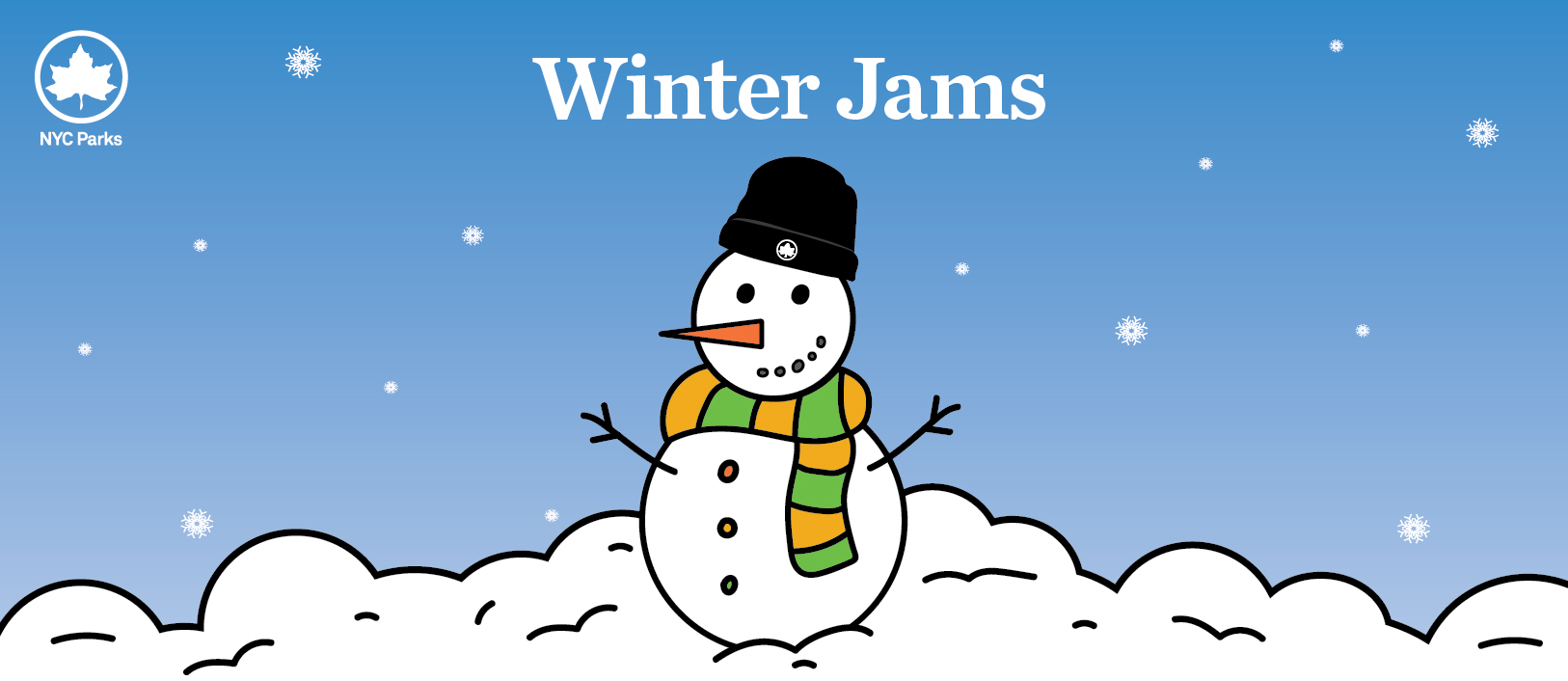 a snowman wearing a scarf and Parks hat stands on a heap of snow under the words winter jams