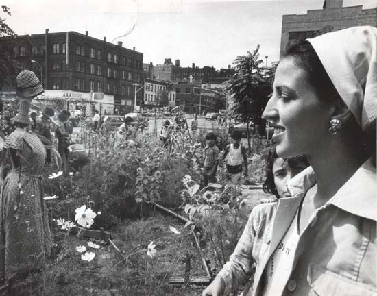 1975 image of Liz Christy in one of her Lower East Side gardens. Courtesy of Donald Loggins