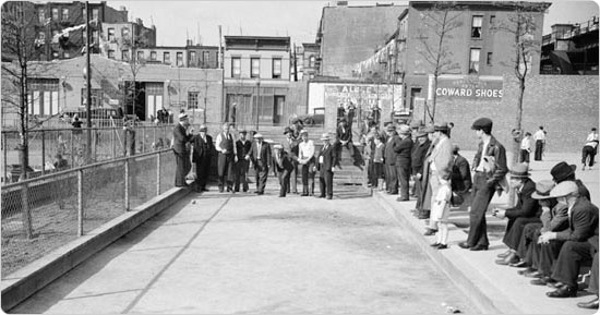 Men playing bocce at J.J. Byrne Park in Brooklyn, May 8, 1935. Courtesy of Parks Photo Archive, Neg. 1400.