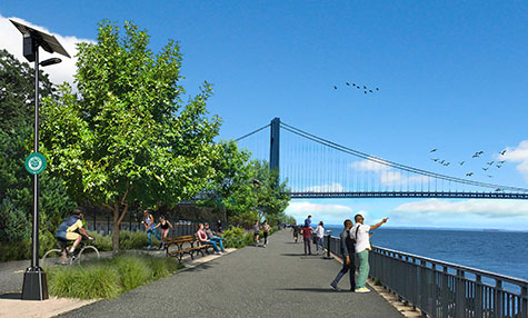 A rendering of a greenway path with the Verrazzano Narrows Bridge in the background.