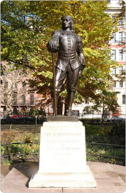 A statue of Peter Stuyvesant reminds visitors to Manhattan?s Stuyvesant Square of the park?s former owners and uses.